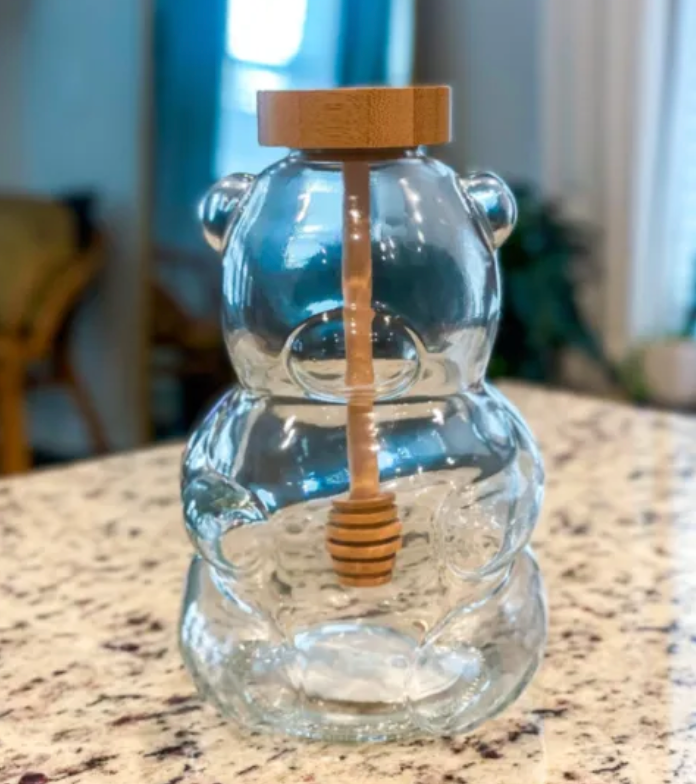 Glass Bear Honey Pot w/Dipper Lid