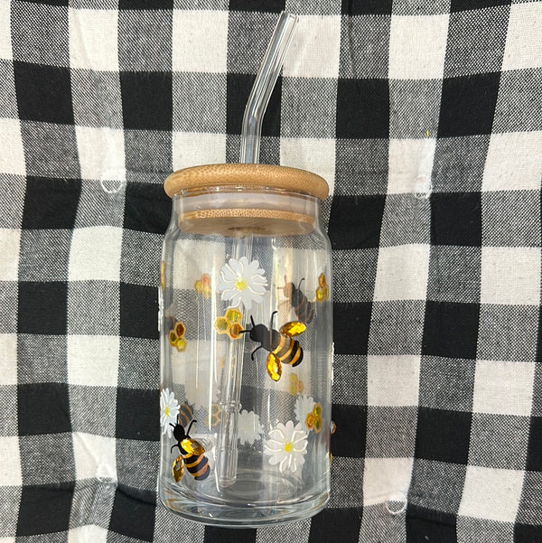 Bee-Dazzled Glass w/Lid & Straw