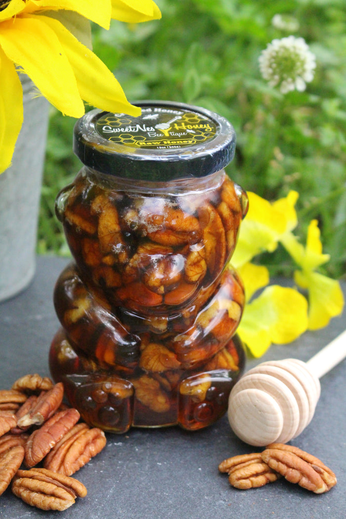 SweetNes Raw Unfiltered Local Honey 12oz GLASS JAR with Texas Pecans